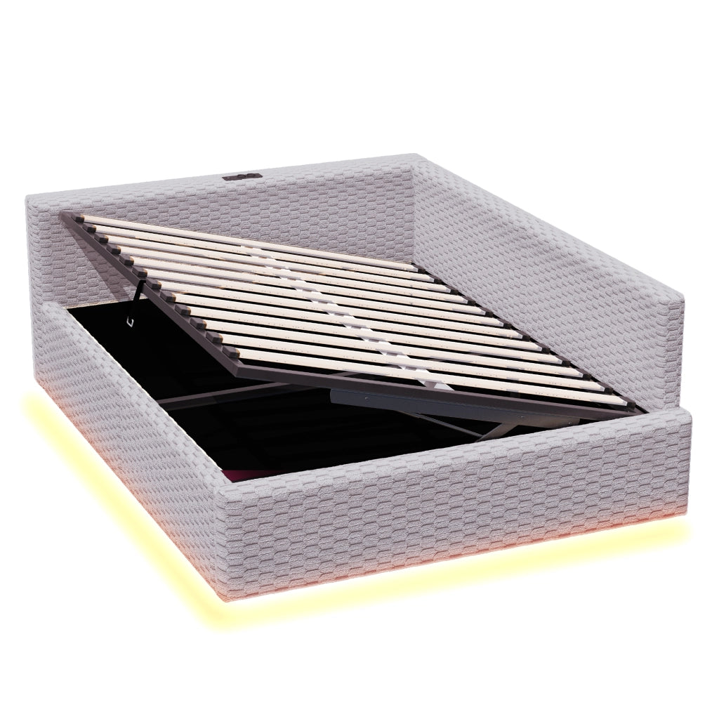 Letto a Divanetto 140x200 cm; Contenitore; LED; USB e Type-C; in Velluto; Grigio