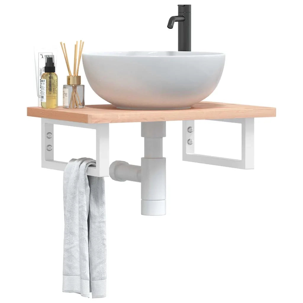 Ripiano a Parete per Lavabo in Acciaio e Massello di Faggio 3302356