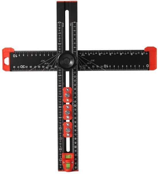 Posizionatore di foro 4-in-1 - Alta precisione - Regolabile T quadrata 40 cm - Lega di alluminio - Strumento di lavorazione del legno - Nero/Rosso - Livella