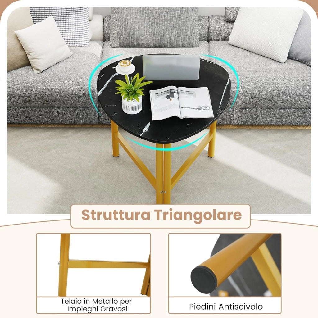Tavolino da Salotto Triangolare, Tavolino Ovale con Gambe in Metallo, Tavolo Piccolo Industriale e Moderno per Soggiorno, Ufficio e Studio, 60 x 59 x 50 cm (Nero)