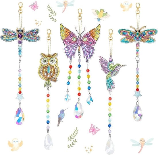 Set di 5 zonnevanger con cristalli e gong wind, con pendenti per diamante 5D a doppia faccia, inclusi ornamenti pendenti per progetti di artigianato creativo e regali per ragazze di 6-12 anni