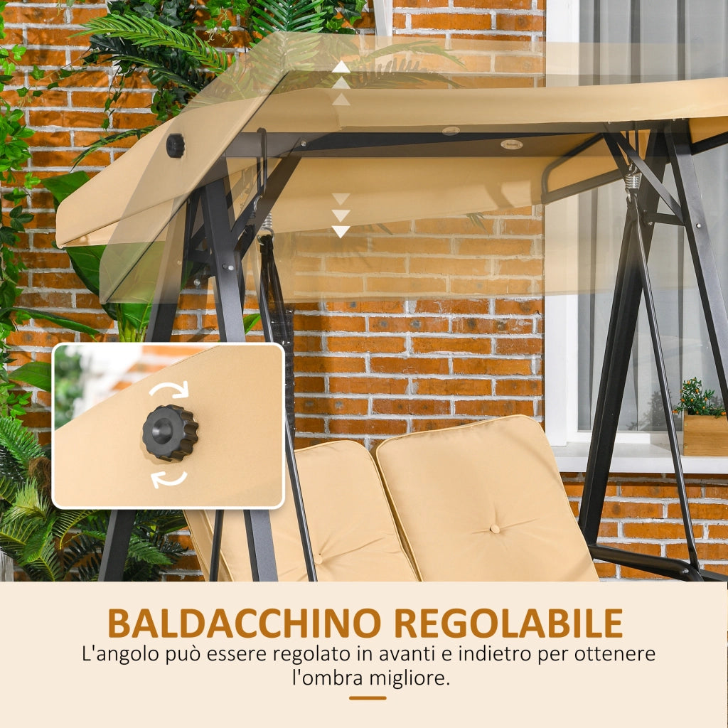 Dondolo 2 Posti in Acciaio e tessuto Teslin con Tettuccio Regolabile e Cuscini, 145x116x172 cm, Beige
