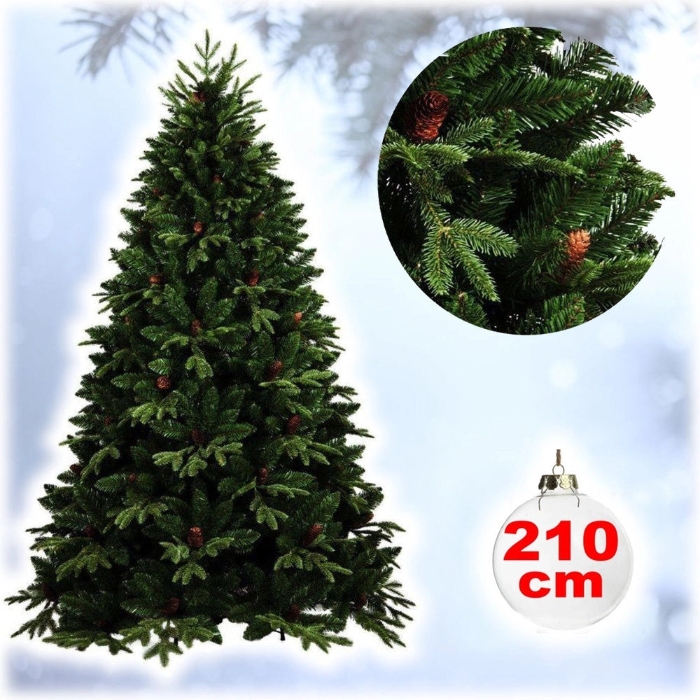 Trade Shop - Albero Di Natale Folto Artificiale 210cm Verde Con Pigne 900 Rami Base A Croce -