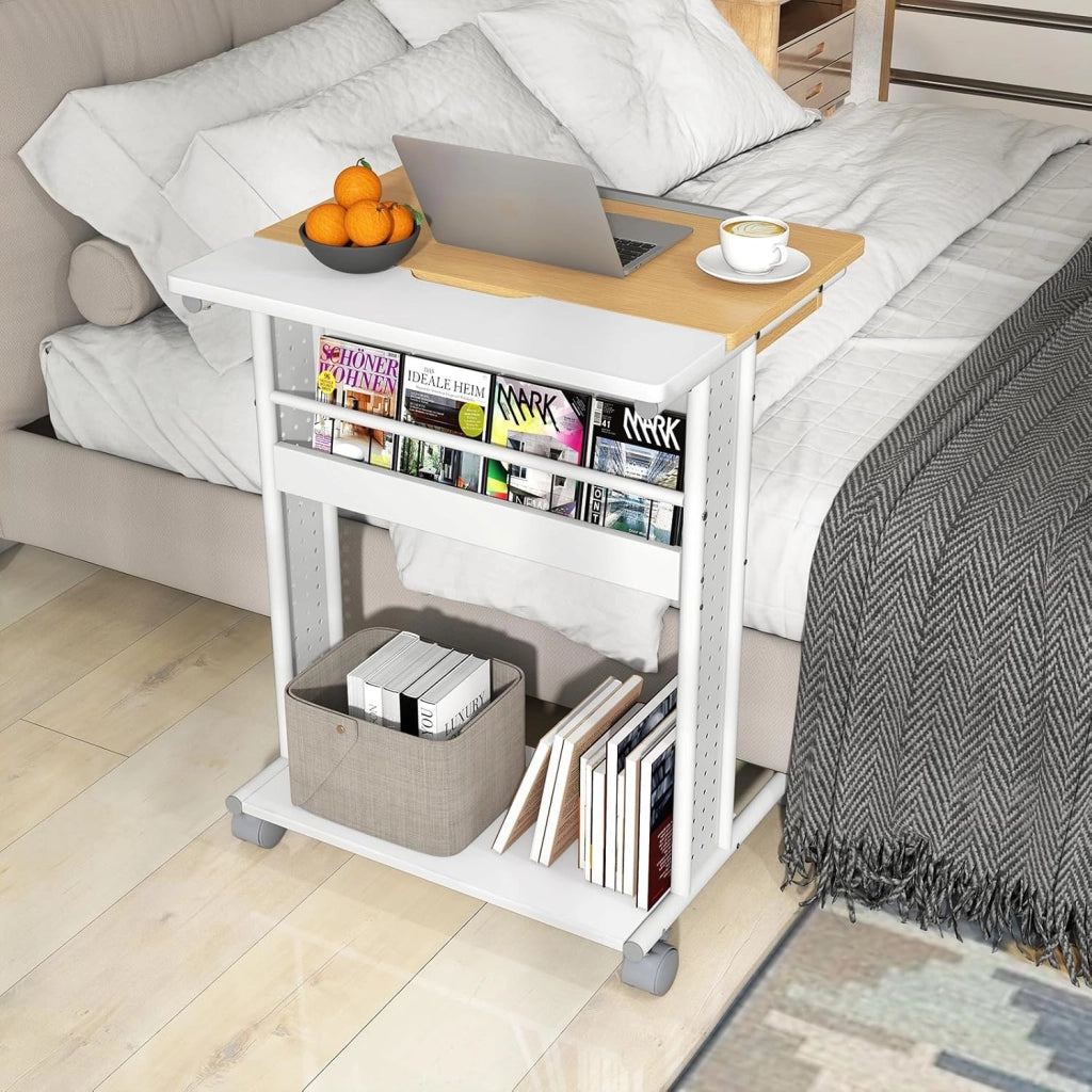 Tavolino con ruote, tavolo per computer con piano inclinabile a 6 posizioni, tavolo per PC con scomparto nascosto e 2 ripiani aperti, tavolo per computer portatile, tavolo da letto a forma di