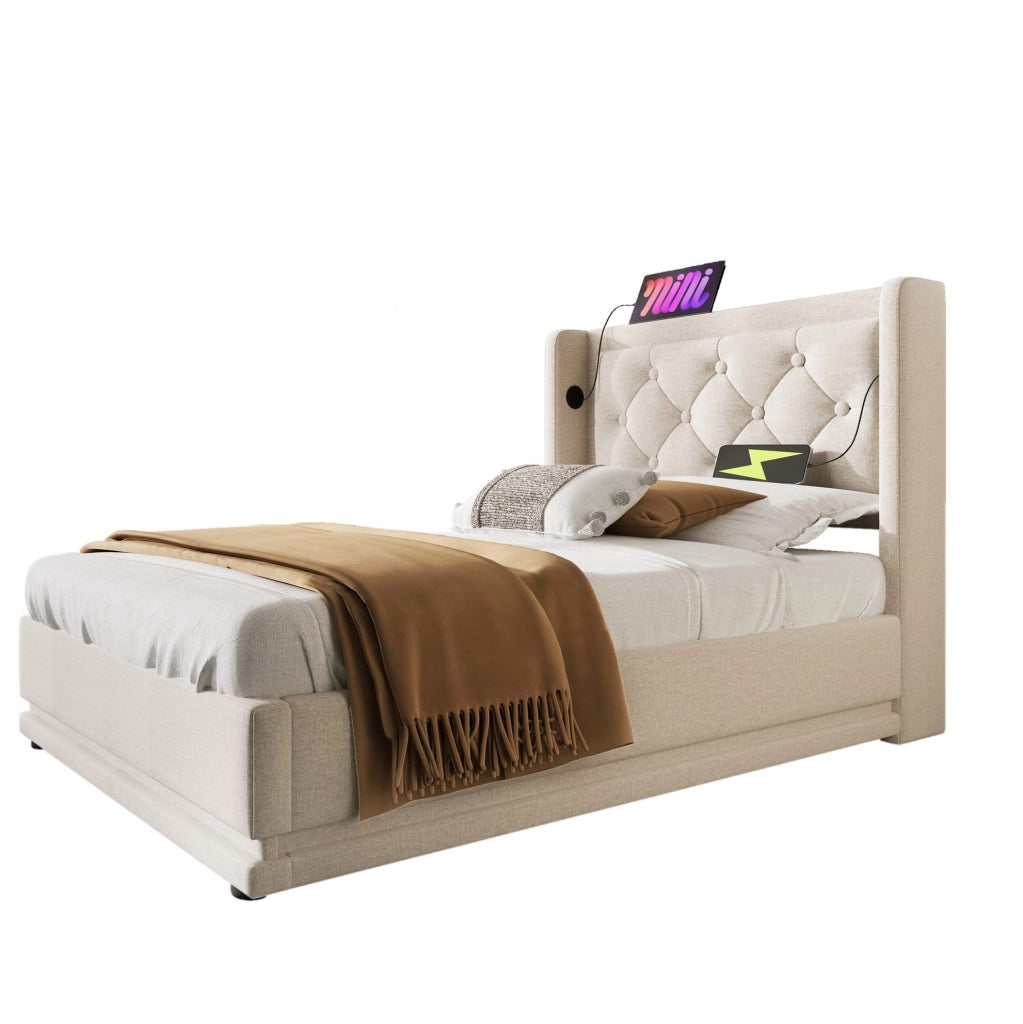 Letto singolo imbottito 90x200 cm beige in cotone con contenitore; USB Type-C e LED