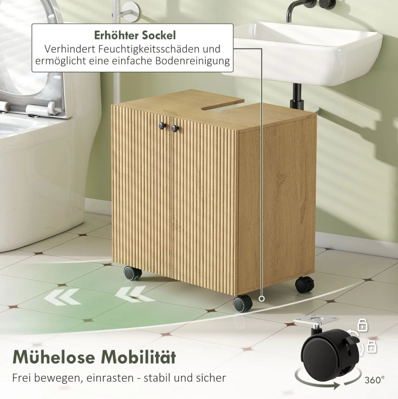 Mobile sottolavabo in legno con ruote e ripiano regolabile