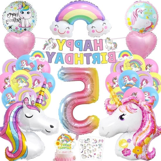 Decorazione di Compleanno Unicornio Ragazze 5° Compleanno - Set di Palloni Helio Slinga Decorazioni per Torta Etichette da Decorare.