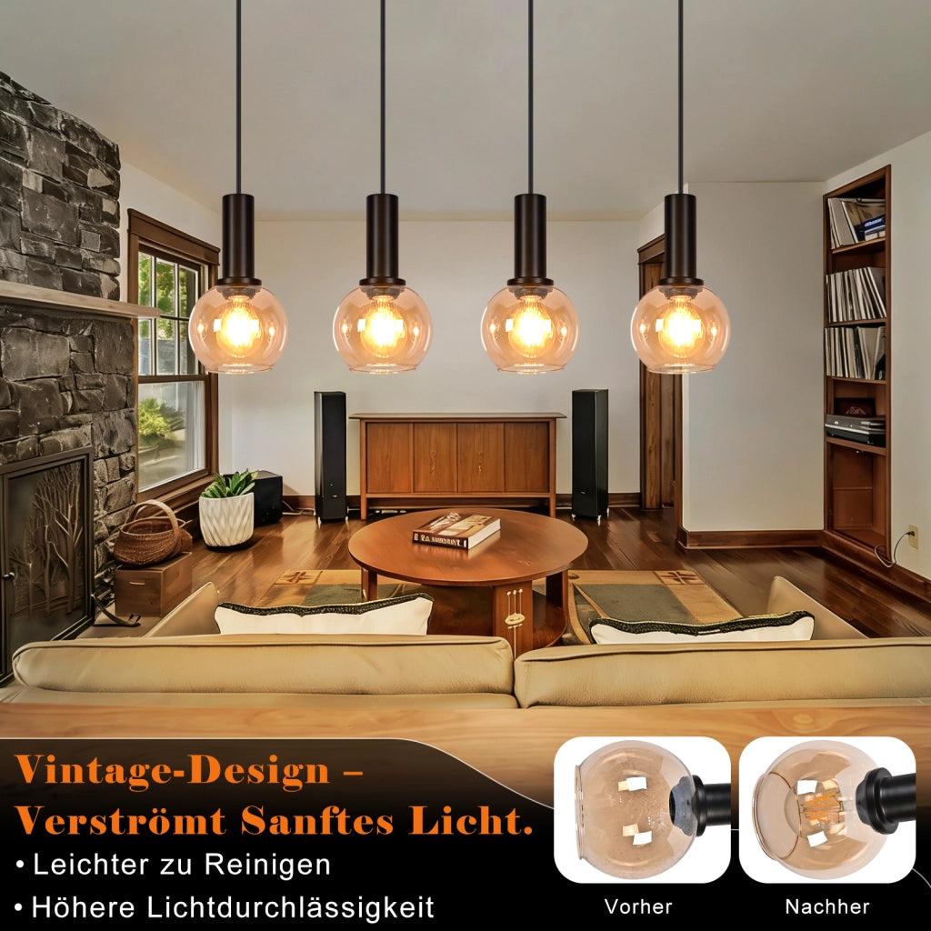 ZMH Lampada a Sospensione 4 Luci Vetro Vintage Altezza Regolabile E27 per Sala da Pranzo Soggiorno Senza Lampadina