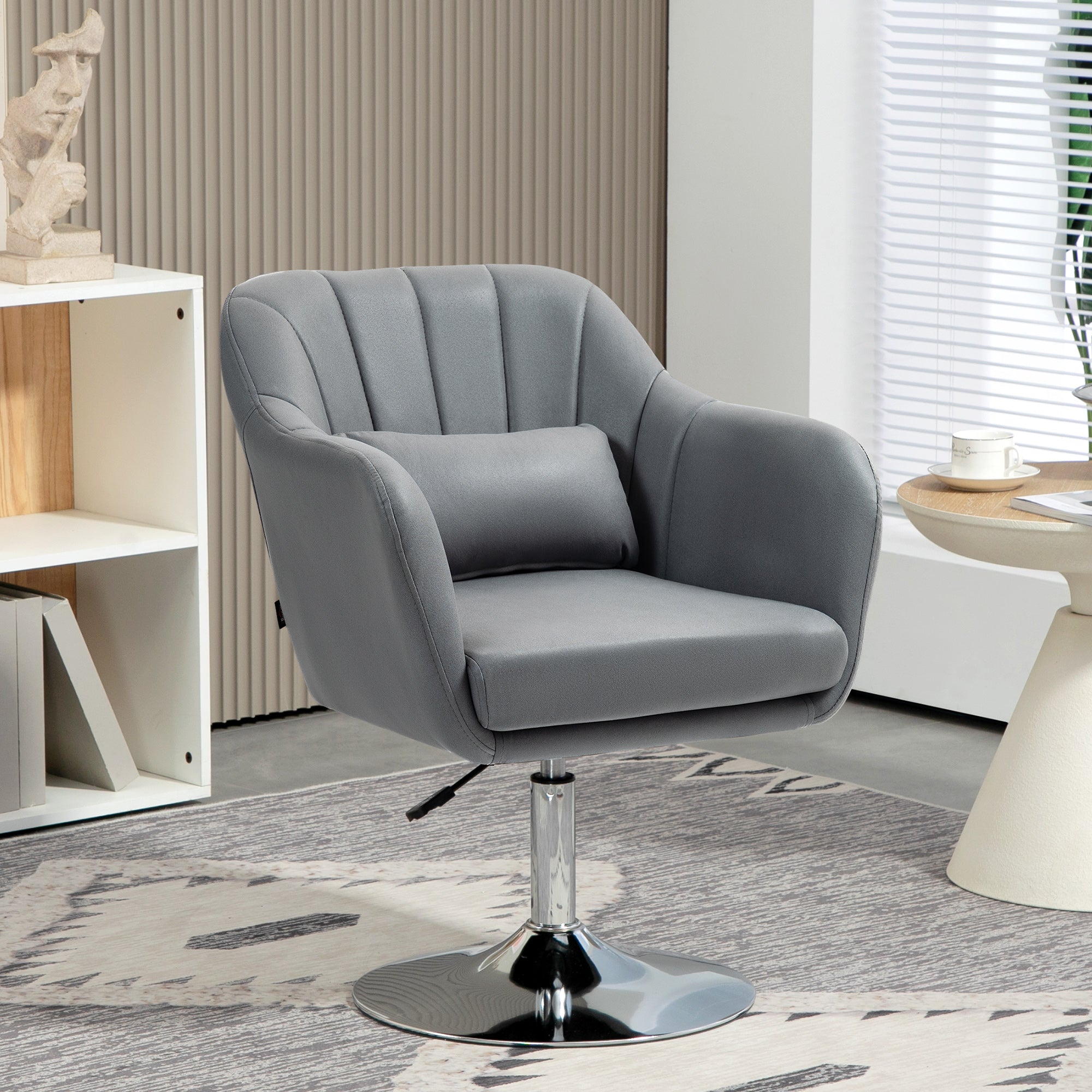 Poltrona Girevole con Cuscino Lombare 60x60x79-91 cm in Tessuto Tecnico Grigio