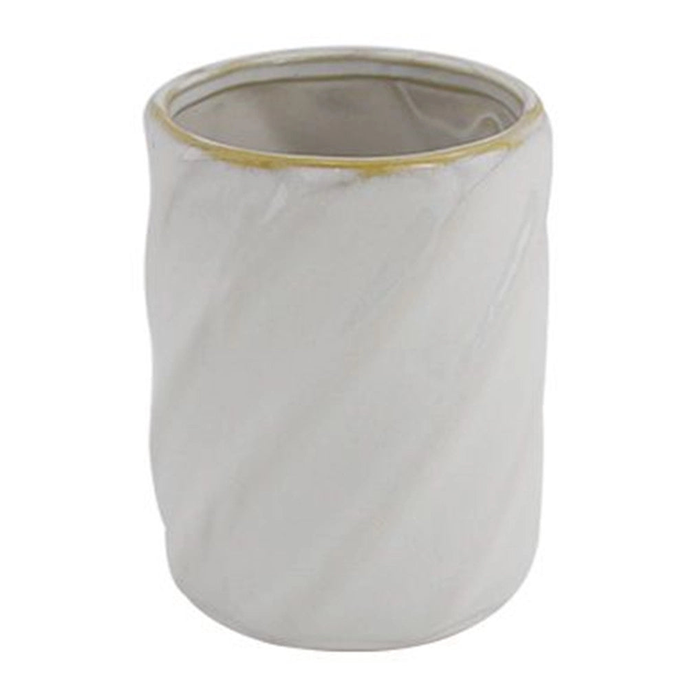 Trade Shop - Bicchiere Porta Spazzolini Ceramica Rigato Obbliquo Bianco Bordo Oro Arredo Bagno 87799 -