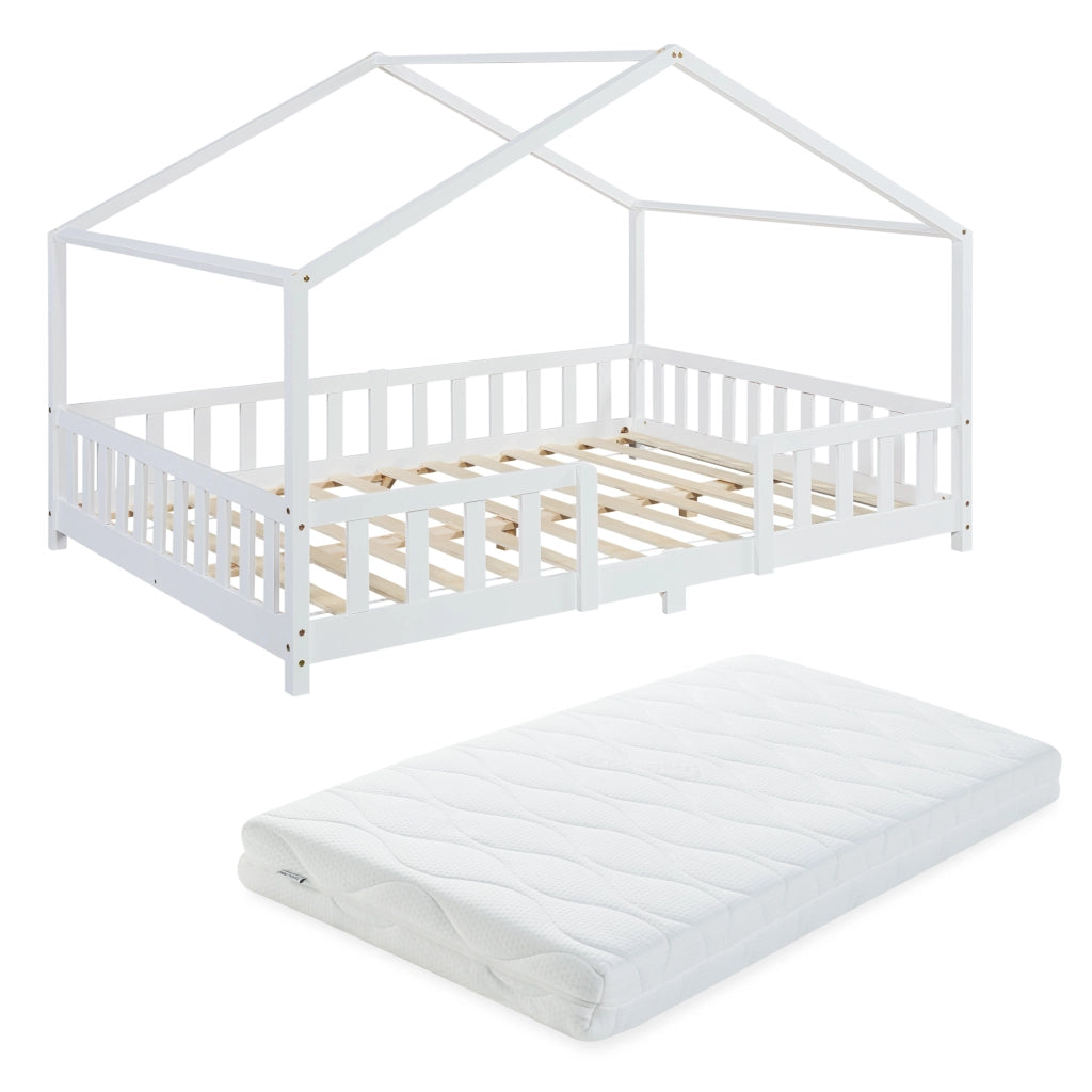 Letto per Cameretta Treviolo a Forma di Casetta in Stile Montessori con Materasso 120x200 cm - Bianco [en.casa]