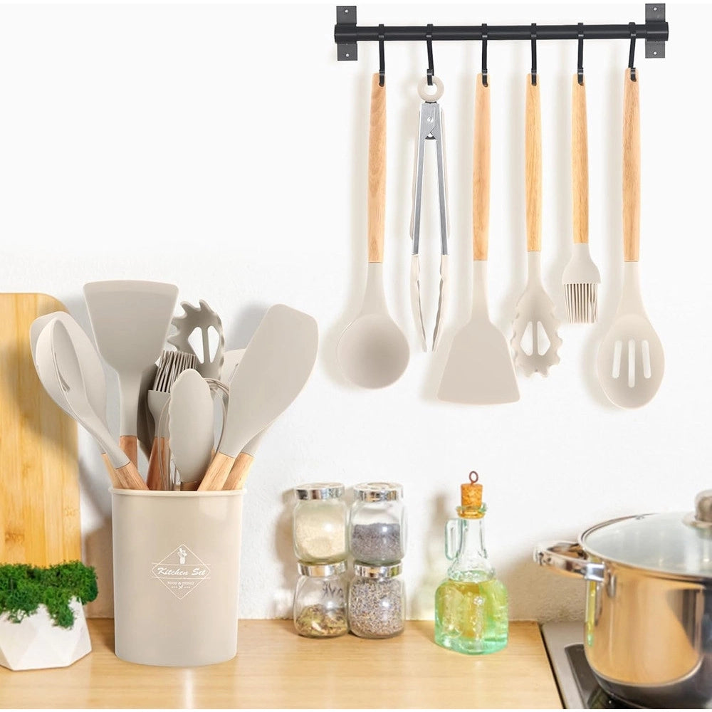 Trade Shop - Set 12 Attrezzi Cucina In Silicone Antiaderente Con Porta Utensili Manico In Legno -