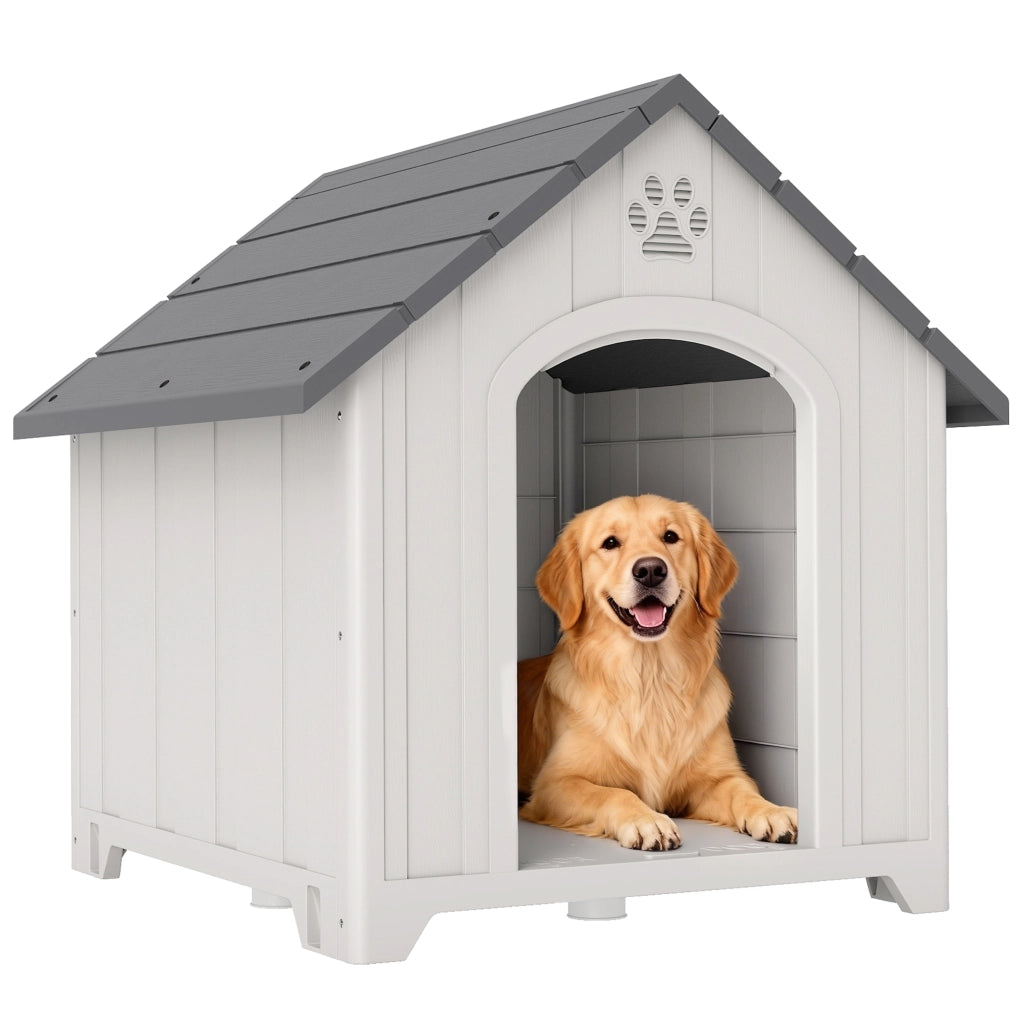 Casetta per Cani Esterna Grandi in Plastica con 2 Finestre e Base Sollevata ¨C Minimal ¨C Grigio