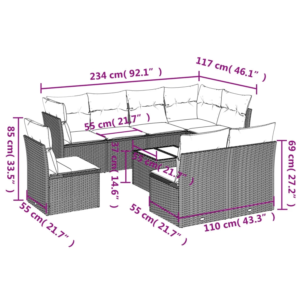 Set Divani da Giardino 9 pz con Cuscini Nero in Polyrattan 3217765