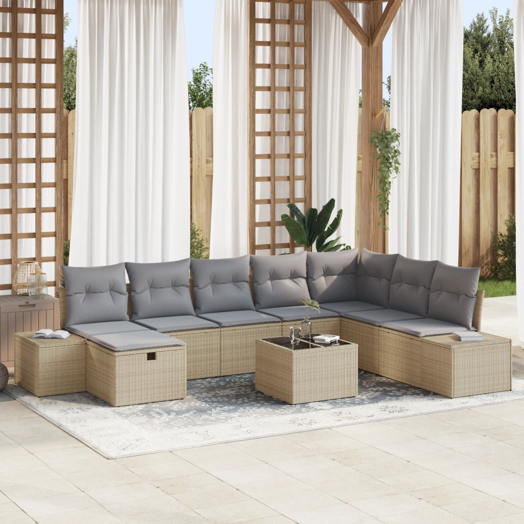 Set di Divani da Giardino a 9 Pezzi con Cuscini Beige in Polyrattan