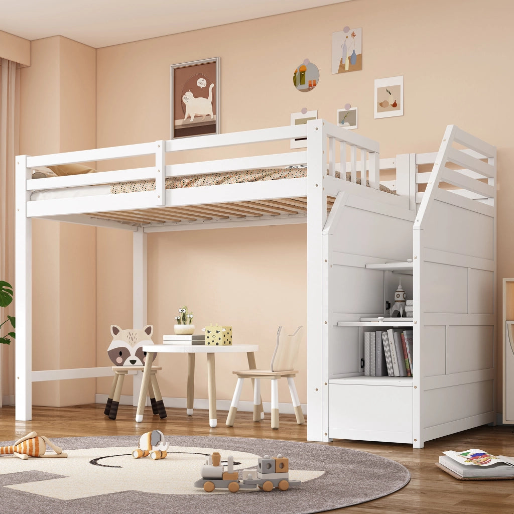 Letto a soppalco per bambini 90 × 200 cm con barriera, scaletta contenitore, senza materasso, bianco, pino
