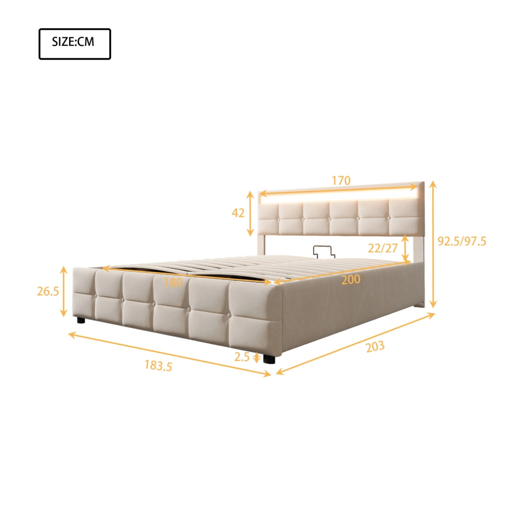 Letto imbottito 180x200 cm con LED; contenitore idraulico e rete a doghe; beige