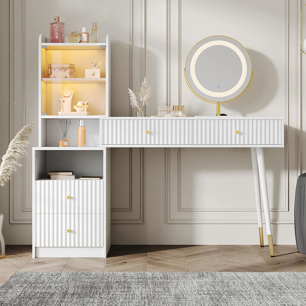 Tavolo trucco con LED-Xylo-100x40x125cm, 4 cassetti, specchio tricolore, bianco