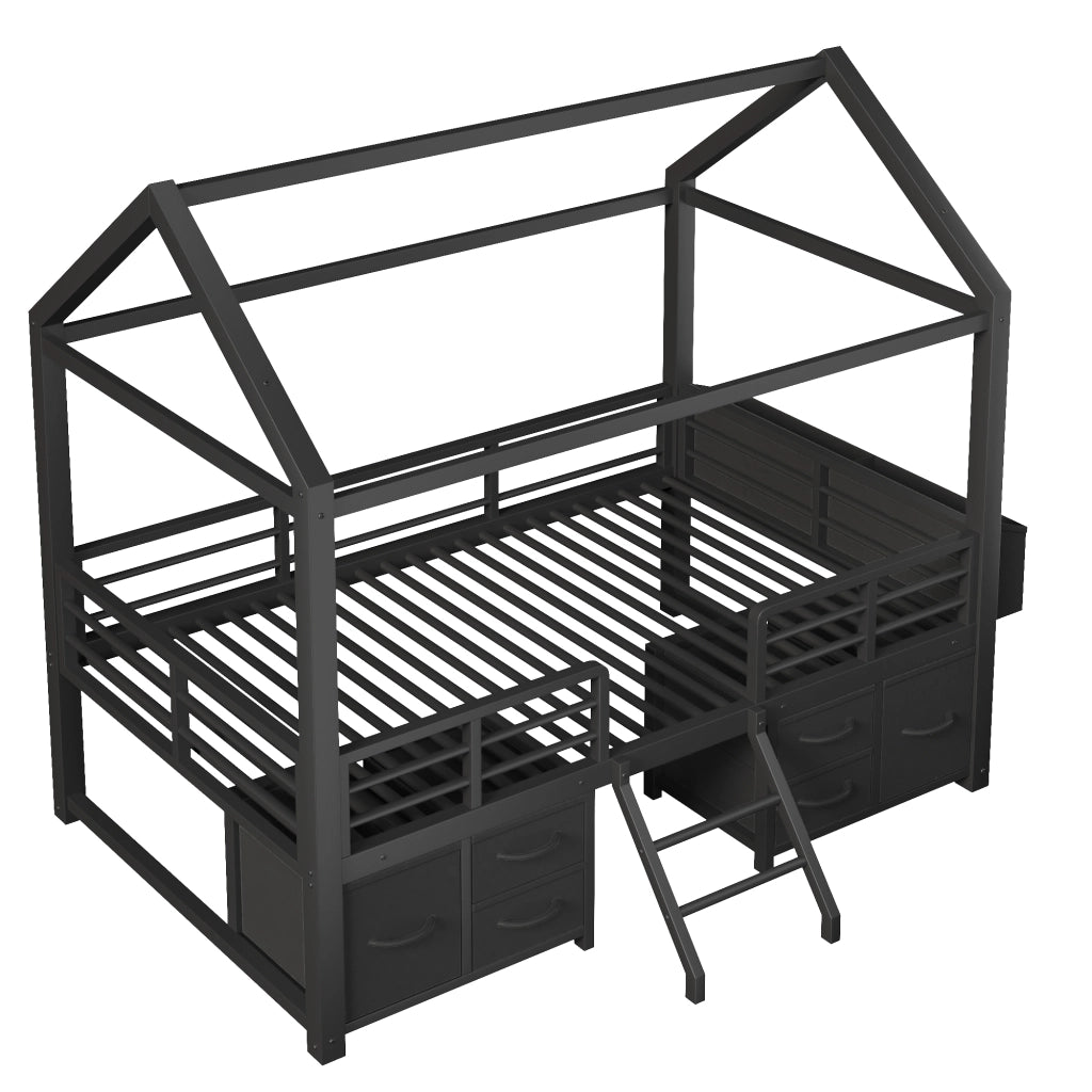 Letto a soppalco 90x200 cm in metallo e MDF; struttura a casetta con cassetti; nero