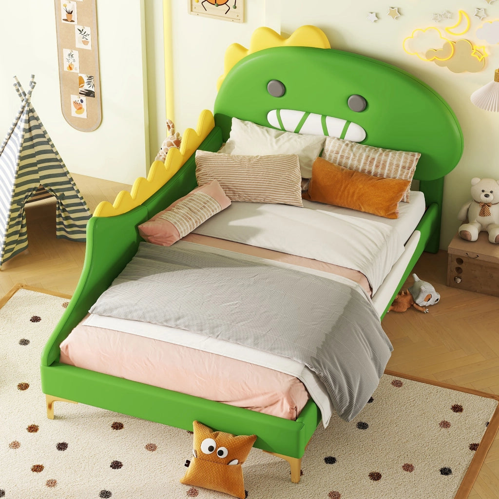 Letto a terra per bambini verde con testata a forma di dinosauro in PU 90x200 cm
