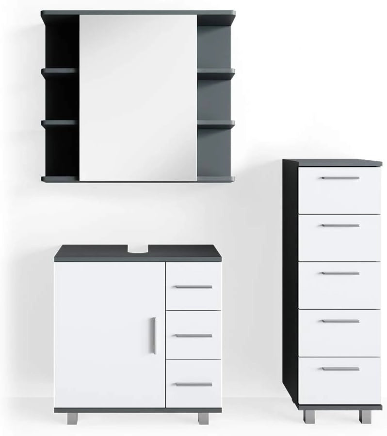 Set mobili bagno Ilias, Antracite, 60 cm, composto da mobile sottolavabo, specchiera e mobile medio