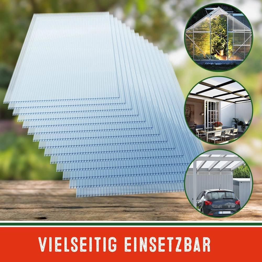 ® 14x Lastre Alveolari Policarbonato 4mm 10,25 m² Pannelli Serra Doppia Parete 1210x605 50x Clip in Acciaio Inox