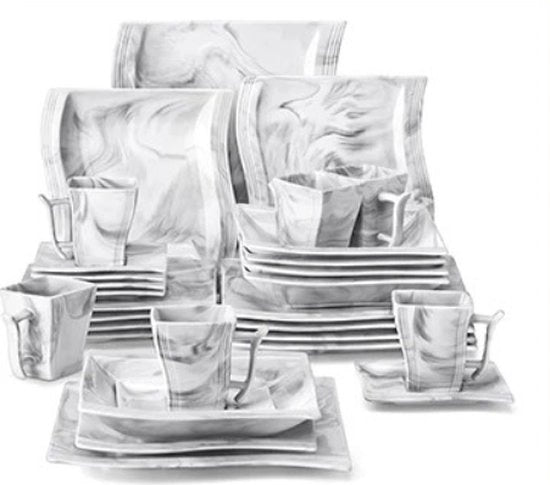 Set di Cucina Completo per 6 Persone - 30 Pezzi - Set di Cucina in Ceramica - Set di Tavola - Piatti per Pranzo - Piatti per Dessert - Piatti per Zuppa - Piatti e Scodelle - Bianco - Marmo