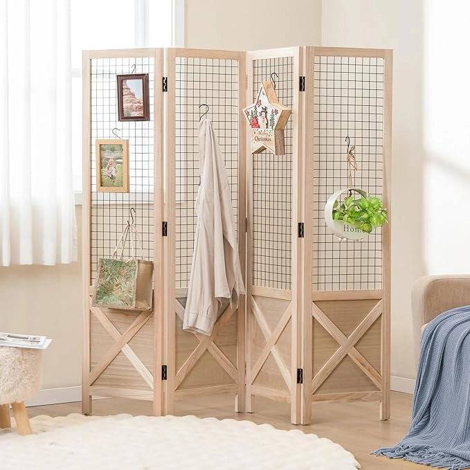 Paravento a 4 Pannelli, Separé Divisorio Interno Pieghevole, Pannelli Divisori a Griglia in Legno per Casa, Ufficio, Fiera dell'Artigianato, Vendita al Dettaglio, Eventi