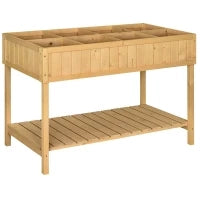 Fioriera Rialzata con Ripiano, 8 Compartimenti e Inserti per l'irrigazione, Legno di Abete, 110L x 46l x 76H cm, Legno Naturale