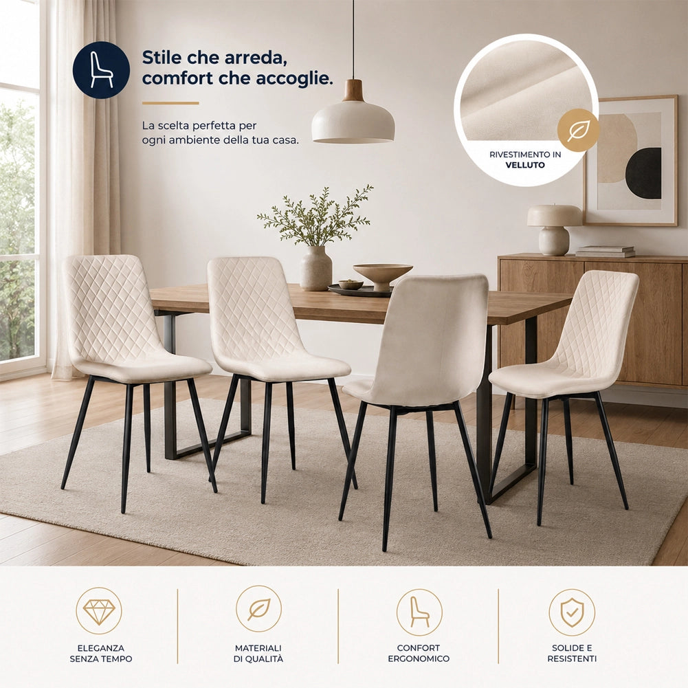 Set 4 Sedie Piedi Neri e Seduta Ergonomica con Rivestimento in Velluto Beige
