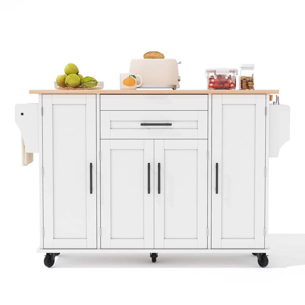 Isola da Cucina Mobile 136x70x92 cm Bianca con Piano Ribaltabile; Cassetto Nascosto; Ripiani e 5 Ruote
