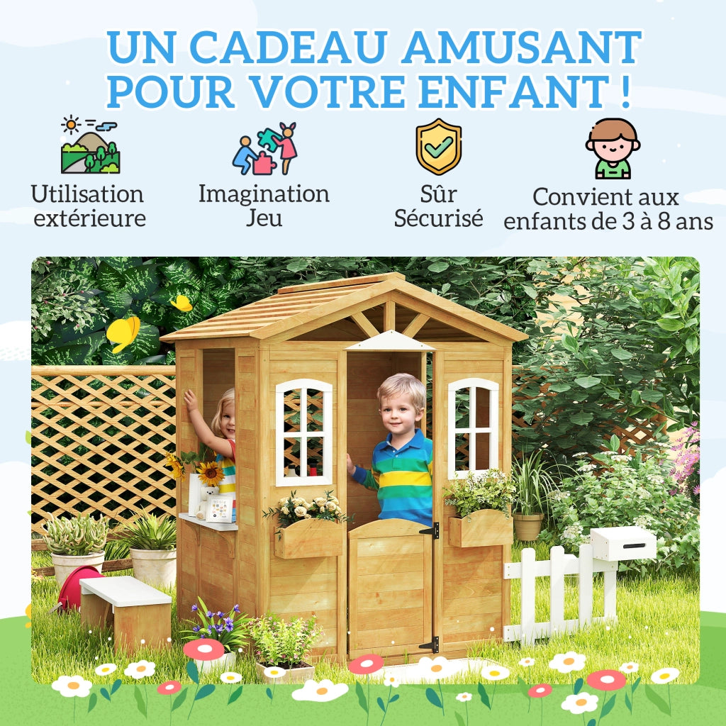 Casetta in legno per bambini con porta, finestre, panchina e recinzione ¨C zephmum ¨C per 3-6 anni