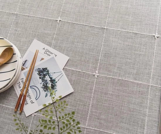 Tavolo quadrato copertura in lino per cucina, decorazione per tavolo da pranzo, 135 x 180 cm, grigio, tessuto a quadretti in cotone.