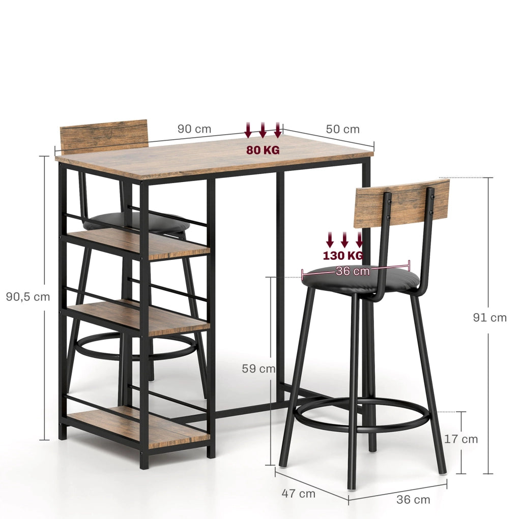 Set tavolo bar con 2 sgabelli e 3 ripiani rovere
