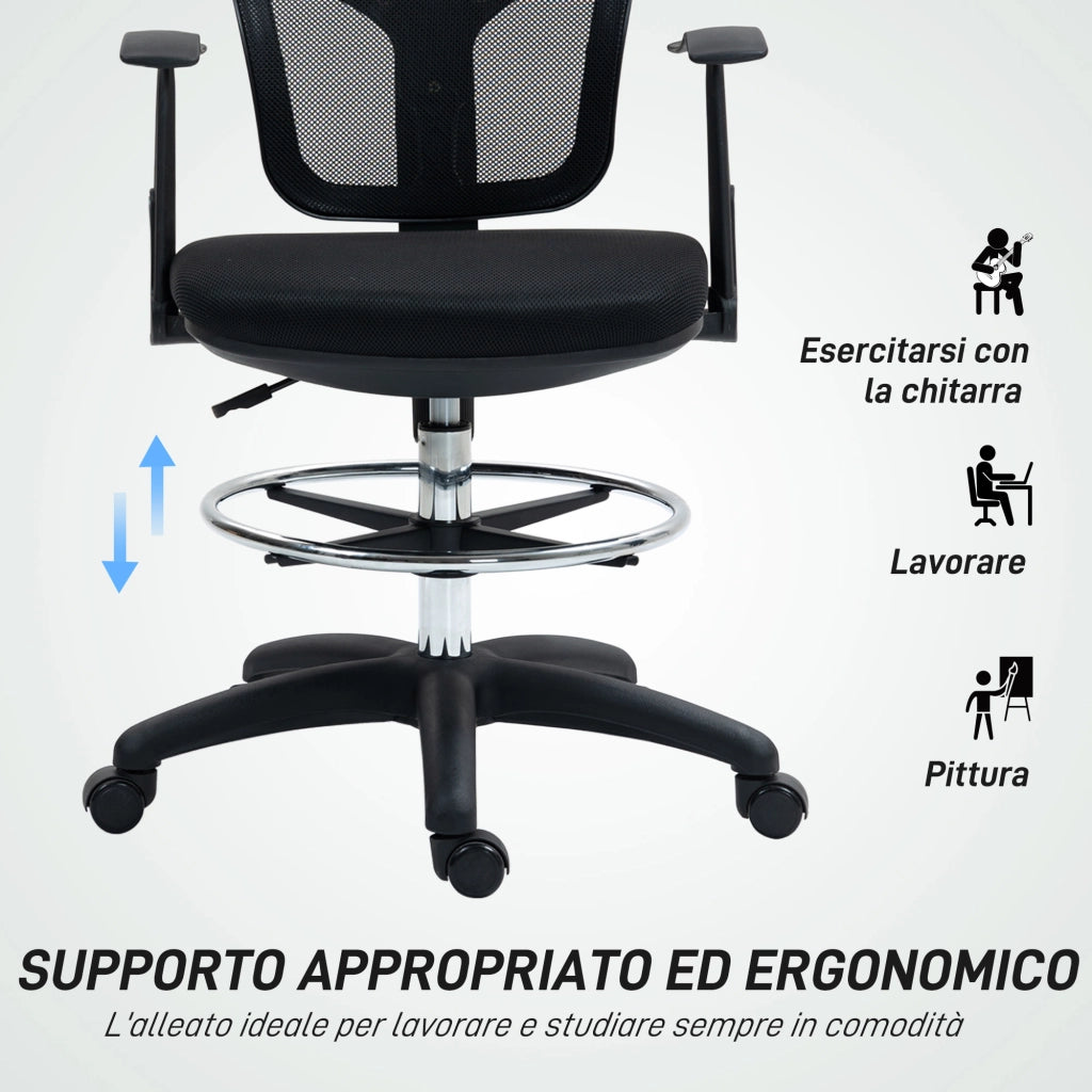 Sedia Girevole con Schienale Ricurvo e Poggiapiedi ¨C Xylo ¨C Poliestere Nero 55x58x94 cm