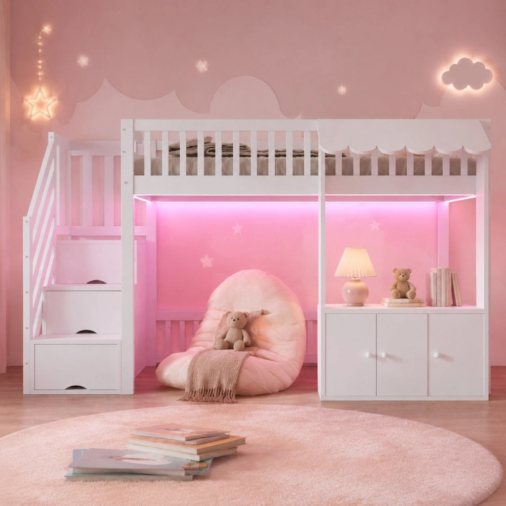 Letto a soppalco 90 × 200 cm con scala a 3 vani; armadio contenitore e LED multicolore in legno bianco