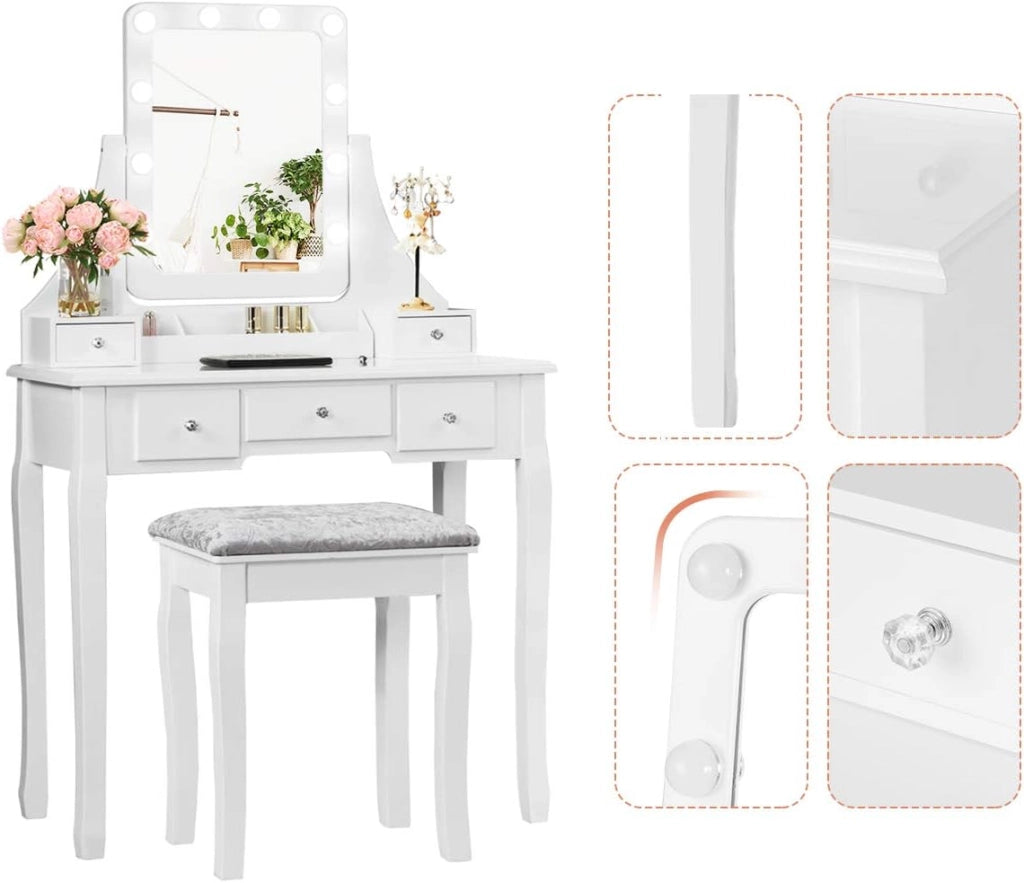 Mobile Trucco in Legno, 2 in 1 Set di Tavolo Cosmetici con Sgabello Imbottito, Specchio Rimovibile Girevole 360°, 10 LED Dimmerabili e 5 Cassetti, Moderno e Durevole, 80x40x135,5cm (Bianco)