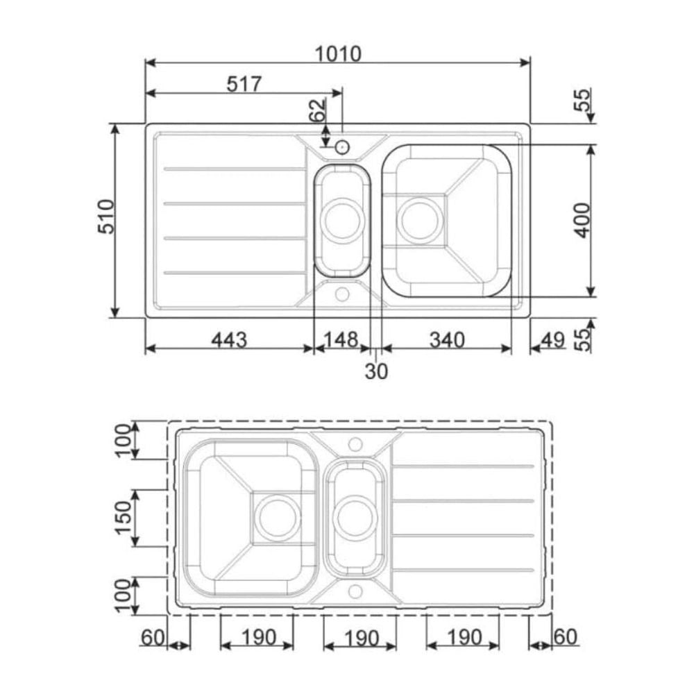 Lavello incasso 2 vasche e gocciolatoio reversibile 100x50 Smeg LFB112 inox spazzolato