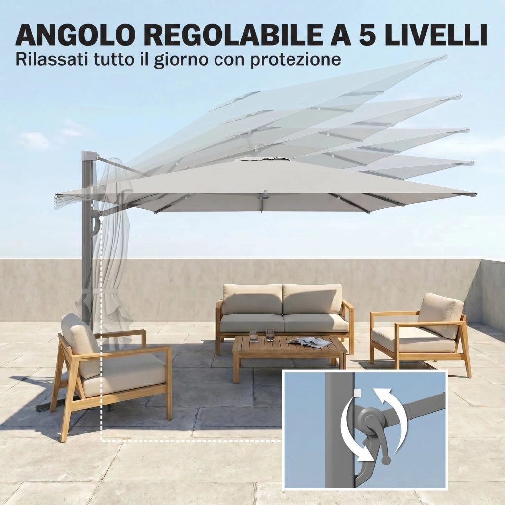 Ombrellone a Sbalzo con Base ¨C zephmum ¨C Poliestere, Alluminio, Grigio Chiaro, 365x297x256 cm