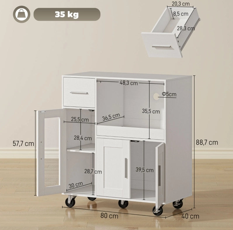 Mobile da cucina su ruote bianco con cassetto, nicchie, ripiano regolabile