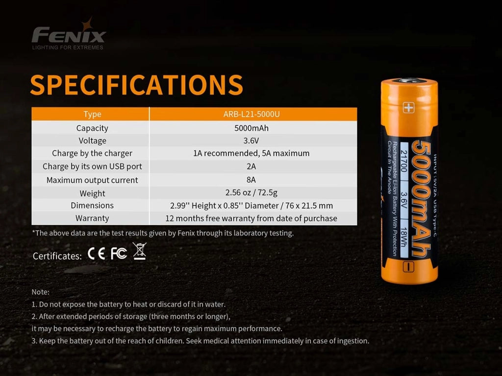 Batteria ricaricabile Li-ion 21700 FENIX ARB-L21-5000U 3,7V 5000 mAh