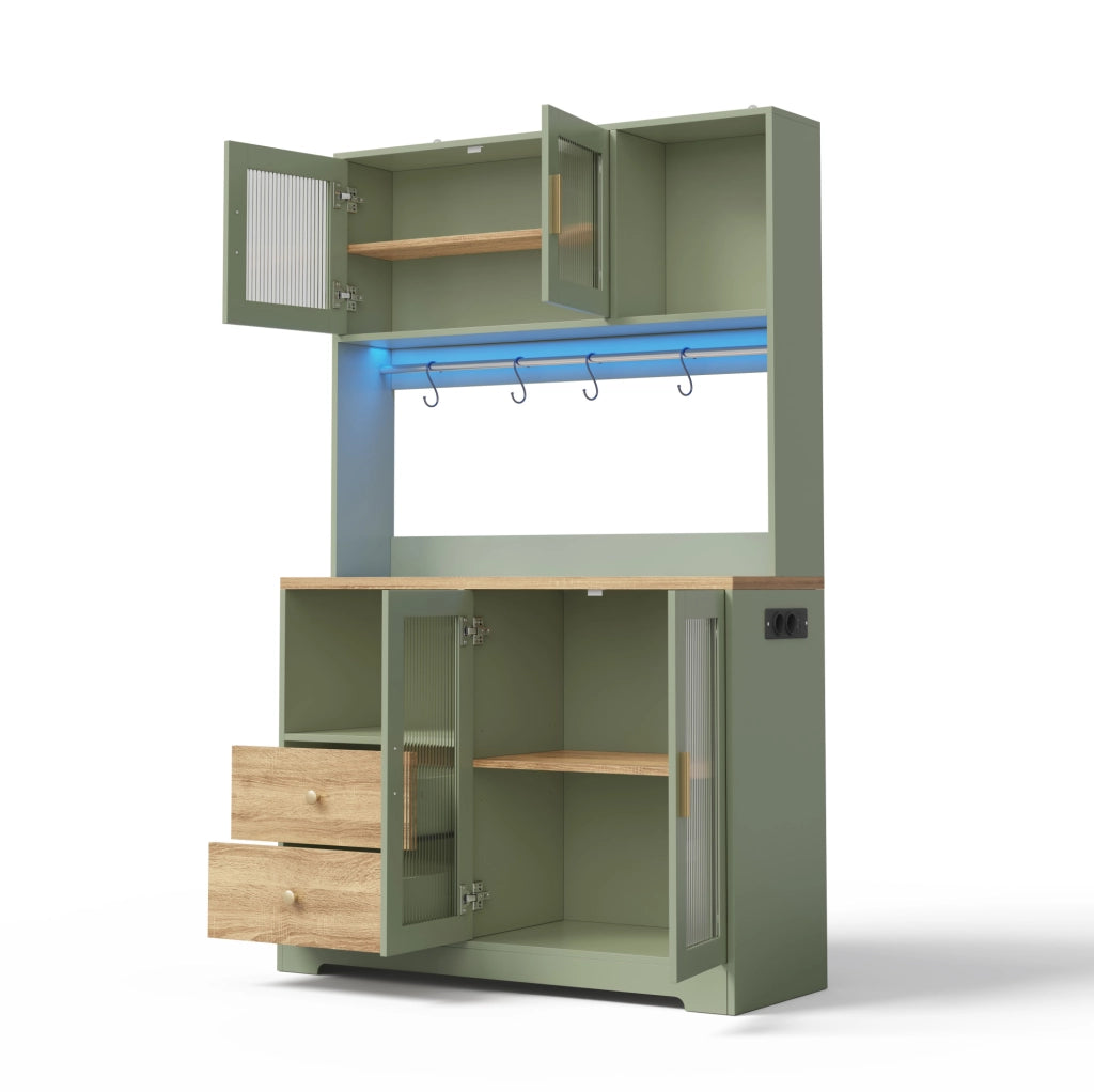 Credenza alta 110x40x178 cm con LED; prese USB; vetri temperati; MDF; verde antico