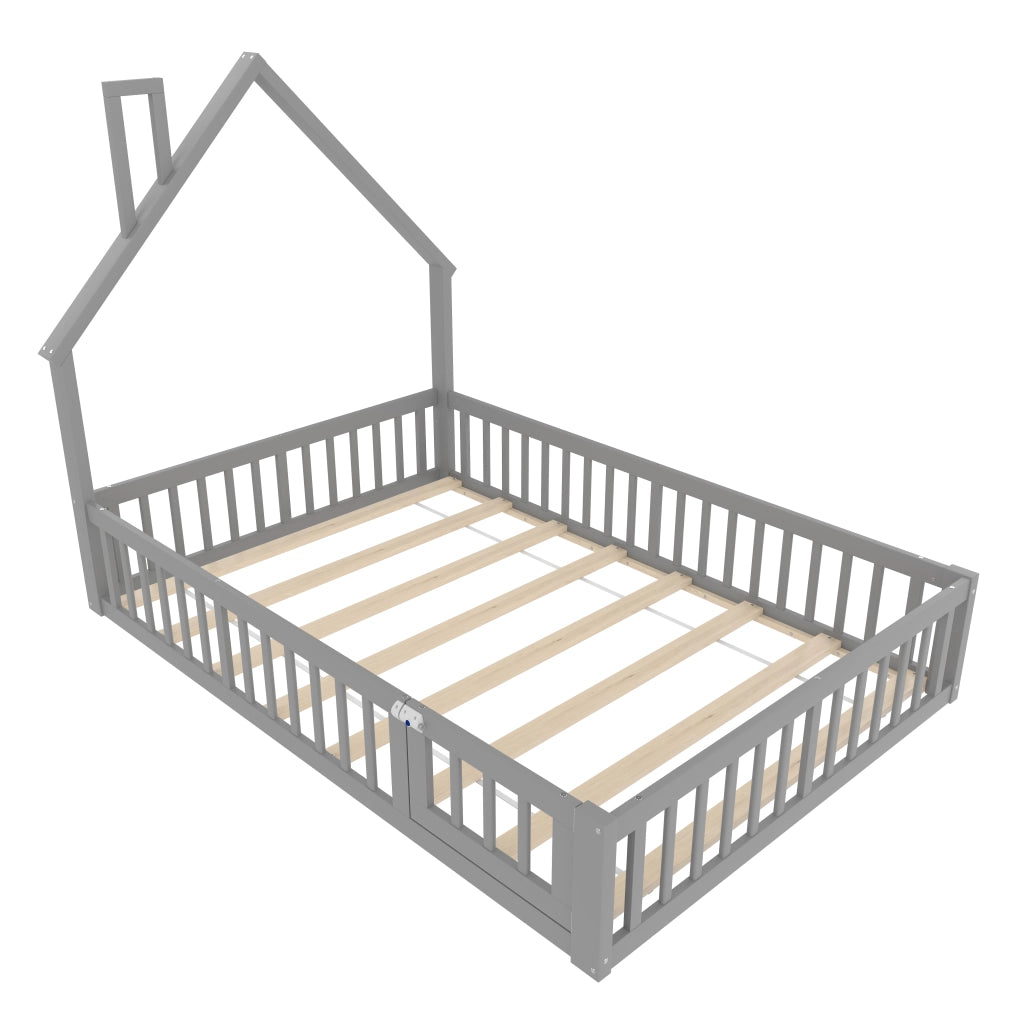 DESMIU Letto per bambini 2 posti 140 × 190 cm con sponde e forma camino, senza materasso, grigio