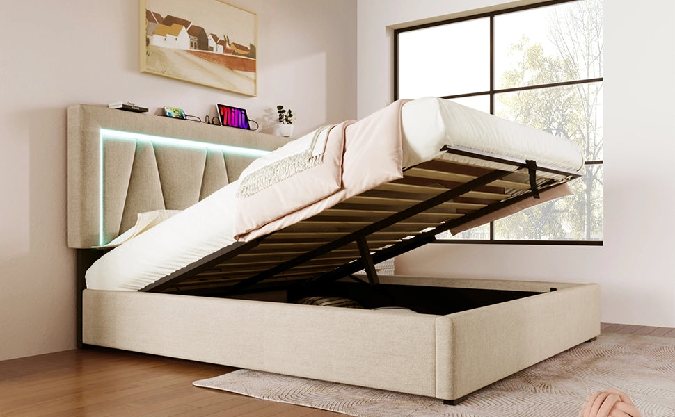 Letto matrimoniale imbottito 140x200 con LED, USB Type-C, contenitore e materasso incluso, beige