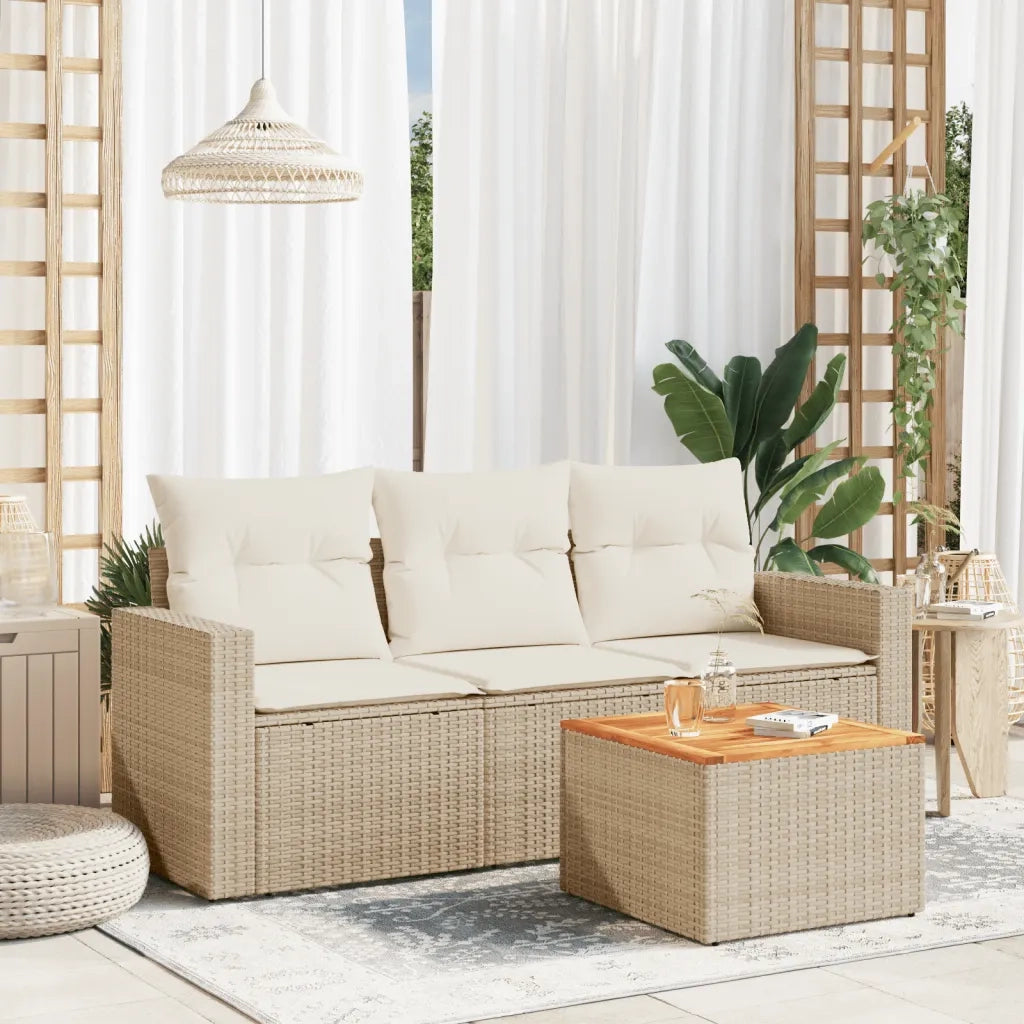 Set Divano da Giardino 4 pz | Set Salotto da Giardino con Cuscini Beige in Polyrattan