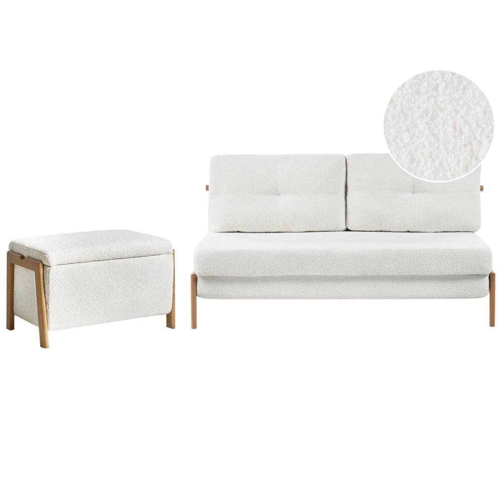 Set divano e panca Bouclé bianco imbottito Gambe in ferro Funzione letto Contenitore aggiuntivo Stile moderno
