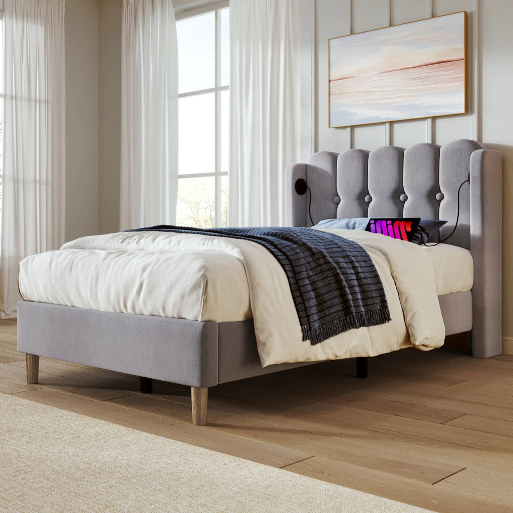 LETTO Imbottito 90x200 cm Grigio in lino con USB e USB-C