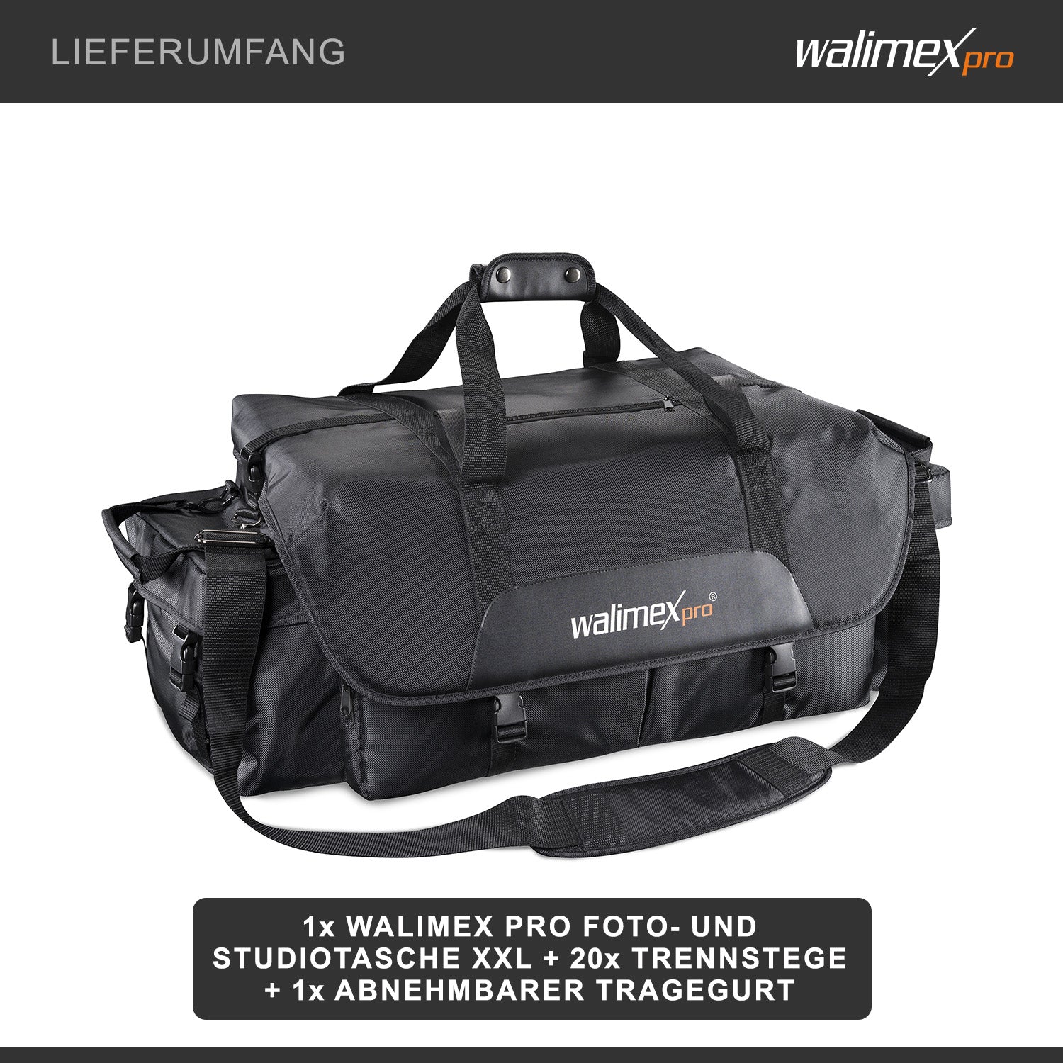 Borsa fotografica XXL, 750 x 340 x 300 mm, Borsone fotografico per flash e fotocamere, con divisori, tasche e passanti per treppiedi