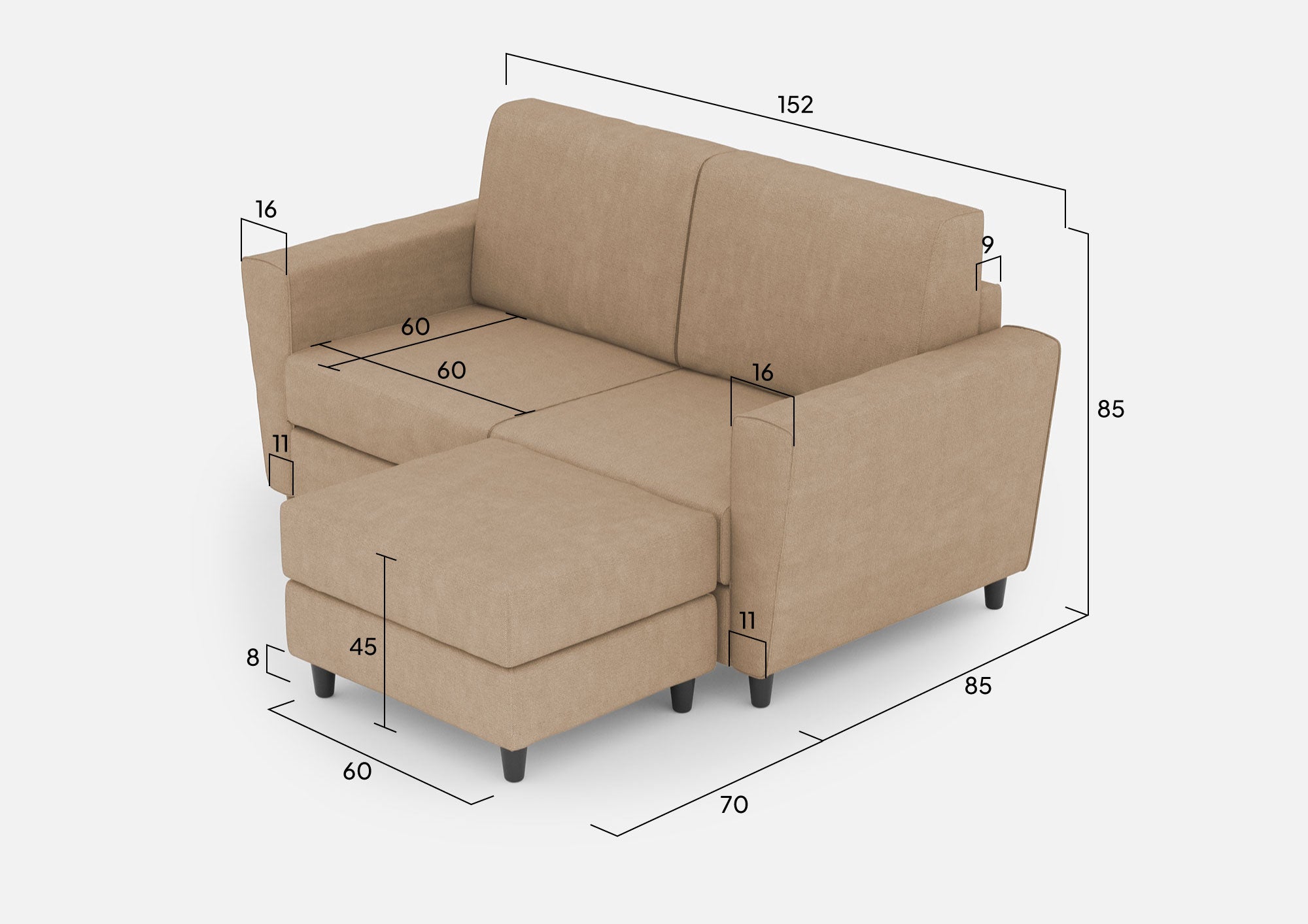 Divano 2 Posti con Pouf 172x145x85 cm Yasel in Tessuto Beige