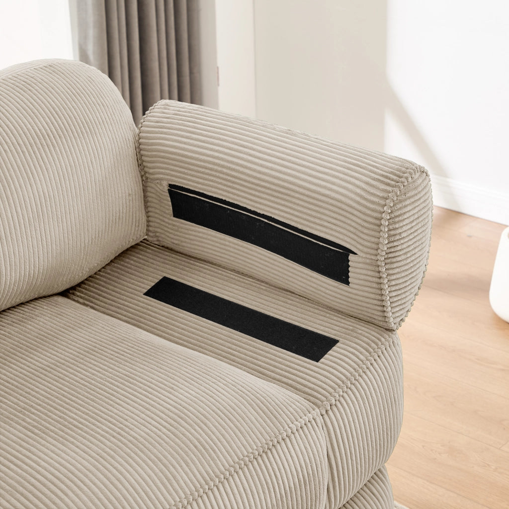 Divano modulare 3 posti a L con pouf e cuscino lombare in velluto a coste beige